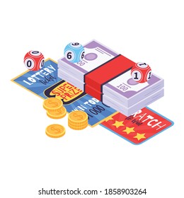 Isometric fortune lottery with raffle tickets vector illustration