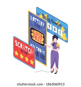 Isometric fortune lottery with raffle tickets chips vector illustration