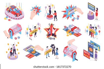 Isometric fortune lottery set of isolated icons with raffle tickets chips and characters of happy winners vector illustration