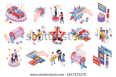 Isometric fortune lottery set of isolated icons with raffle tickets chips and characters of happy winners vector illustration