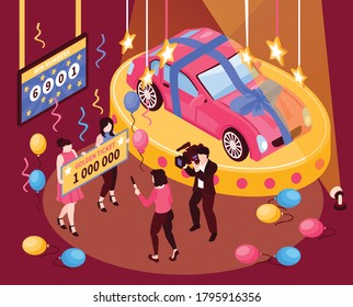 Isometric fortune lottery win composition with prize ticket and automobile with people confetti and colourful balloons vector illustration