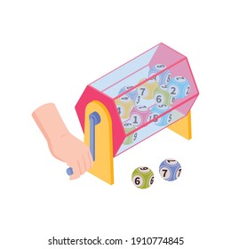 Isometric fortune lottery win composition with isolated image of lottery drum with balls and handle vector illustration
