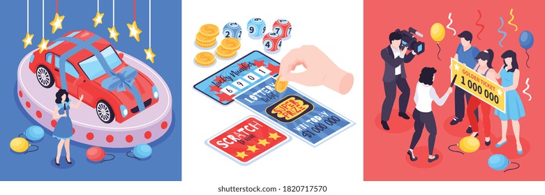 Concepto de diseño de sorteo de la lotería de la fortuna isométrica con composiciones cuadradas de bolas de dibujo boletos de premio y ilustración del vector de la gente