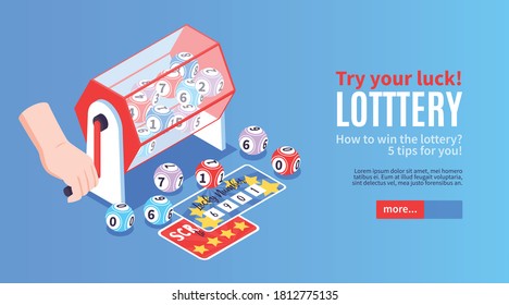 Isometric fortune lottery win horizontal banner with images of prize tickets drawing balls and editable text vector illustration