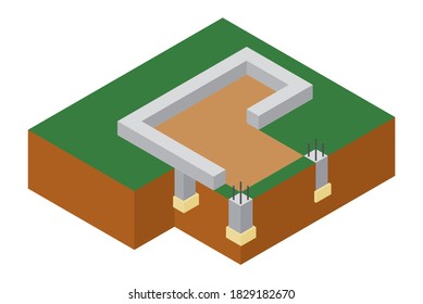 Isometric Foundation Cutaway Vector Illustration. Construction Of Building. Architectural Technology