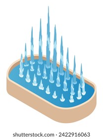 Isometric fountain icon for outdoor park. Modern architecture decor symbol with splashing drops. Vector city infographic with water decoration elements