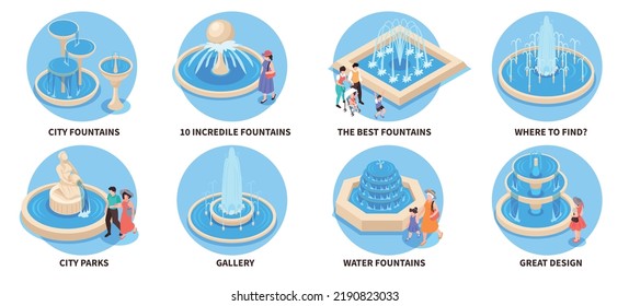 Isometric fountain park compositions set with city water decoration elements isolated vector illustration