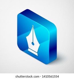 Isometric Fountain pen nib icon isolated on white background. Pen tool sign. Blue square button. Vector Illustration