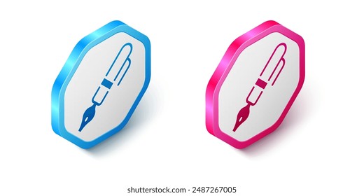 Isometric Fountain pen nib icon isolated on white background. Pen tool sign. Hexagon button. Vector