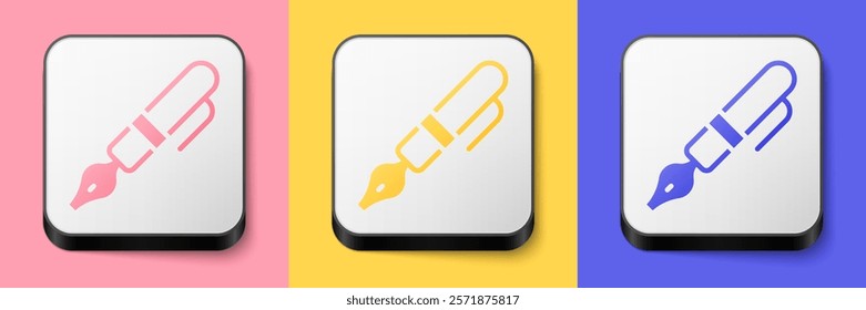 Isometric Fountain pen nib icon isolated on pink, yellow and blue background. Pen tool sign. Square button. Vector