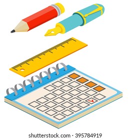 Isometric fountain pen,pencil, calendar and ruler on white background. For web design and application interface, also useful for infographics.Vector illustration.