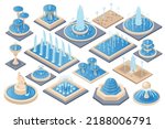 Isometric fountain set with outdoor park cascades isolated vector illustration