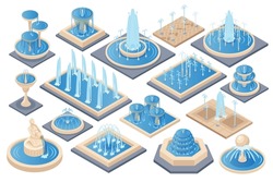 Isometric Fountain Set With Outdoor Park Cascades Isolated Vector Illustration