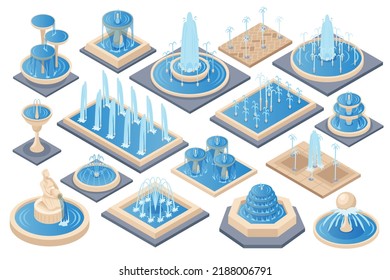 Isometric fountain set with outdoor park cascades isolated vector illustration