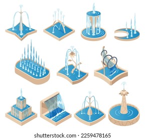 Isometric fountain set for outdoor park. Icon collection. Modern architecture decor with splashing drops. Vector city infographics with water decoration elements