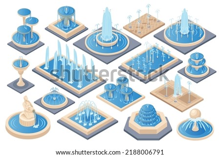 Isometric fountain set with outdoor park cascades isolated vector illustration