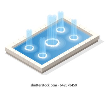 Isometric Fountain Water Spout Spray In Basin Isolated On White Background.