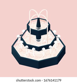 Isometric Fountain With Water. Three Levels, Pink Colors, Good Concept Illustration For Interior And Exterior Hotel Decoration