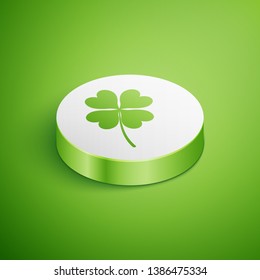 Isometric Four leaf clover icon isolated on green background. Happy Saint Patrick day. White circle button. Vector Illustration