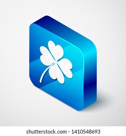 Isometric Four leaf clover icon isolated on white background. Happy Saint Patrick day. Blue square button. Vector Illustration