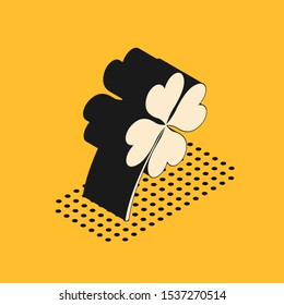 Isometric Four leaf clover icon isolated on yellow background. Happy Saint Patrick day.  Vector Illustration