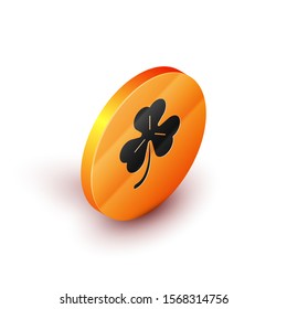 Isometric Four leaf clover icon isolated on white background. Happy Saint Patrick day. Orange circle button. Vector Illustration