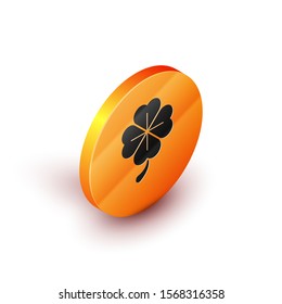 Isometric Four leaf clover icon isolated on white background. Happy Saint Patrick day. Orange circle button. Vector Illustration