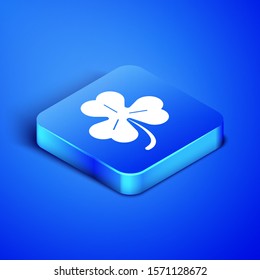 Isometric Four leaf clover icon isolated on blue background. Happy Saint Patrick day. Blue square button. Vector Illustration