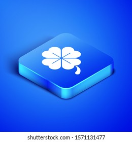 Isometric Four leaf clover icon isolated on blue background. Happy Saint Patrick day. Blue square button. Vector Illustration