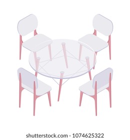 Isometric four plastic chairs and transparent round table isolated on white background. Glass table with set of chairs for the kitchen, room or restaurant interior vector cartoon illustration.