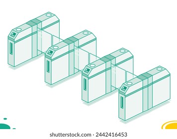 Cuatro torniquetes isométricos. Estación de metro o elemento de seguridad del aeropuerto. Puertas de entrada. Ilustración vectorial. Equipo de control de acceso. Elemento de diseño de contorno.