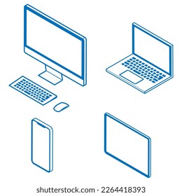 Aparatos de comunicación de cuatro tipos isométricos, línea de arte - teléfono celular, escritorio pc, laptop, tablet