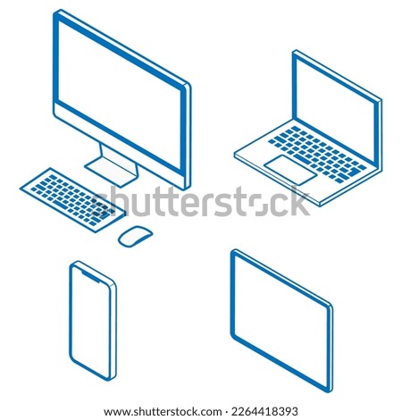 Isometric four types communication equipments set, line art - cellphone, desktop pc, laptop, tablet