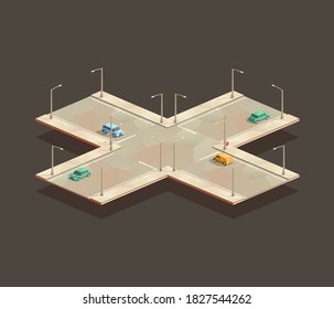 isometric Four-way intersection. Low poly vector illustration