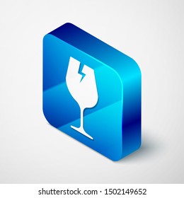 Isometric Fragile broken glass symbol for delivery boxes icon isolated on white background. Blue square button. Vector Illustration