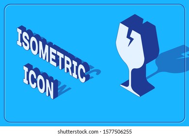 Isometric Fragile broken glass symbol for delivery boxes icon isolated on blue background.  Vector Illustration