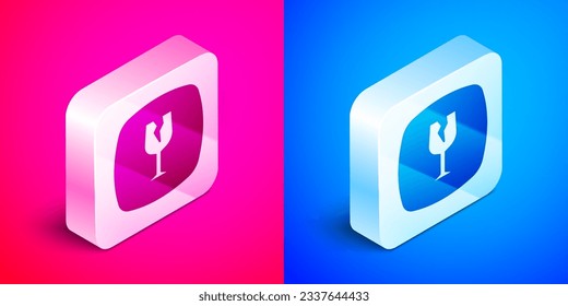 Isometric Fragile broken glass symbol for delivery boxes icon isolated on pink and blue background. Silver square button. Vector