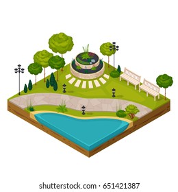 Isometric fragment of park landscape constructor with pond flowerbed benches streetlights and trees vector illustration 