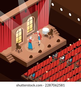 Isometric fragment of theater auditorium with actors playing on stage and spectator vector illustration