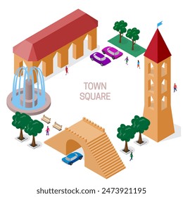 Isometric frame with town square buildings, trees, cars and people. Set of objects with empty space for text in the middle.