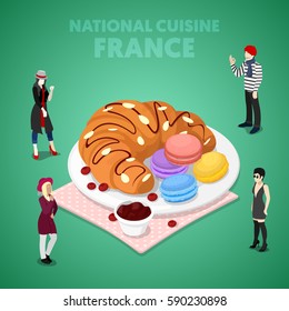 Isometric France National Cuisine with Croissant, Macaroons and French People in Traditional Clothes. Vector 3d flat illustration