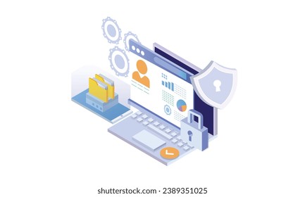 Isometric fraud protection concept  web scene. People protecting from hacker and internet data phishing attack, using cyber security technology.on white background.3D design.isometric vector design.