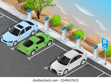 Isometric free electric car parking and charging. Ecological  green planet concept.