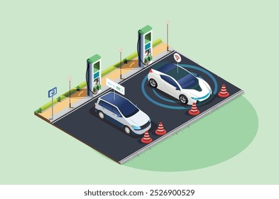 Isometric free electric car parking and charging. Ecological green planet concept. Suitable for Diagrams, Infographics, Book Illustration, Game Asset, And Other Graphic Related Assets