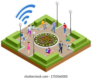 Isometric Free wi-fi signboard in park or campus, wifi zone. Wireless internet sign on the street. Women and men with laptop and tablet pc computers at park.