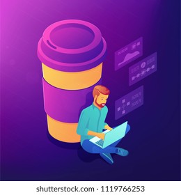 Diseñador independiente isométrico y desarrollador con una taza de café. Pausa de café, productividad de la mano de obra, vida de oficina, chat, red vectorial 3D ilustración isométrica sobre fondo ultravioleta.