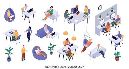 Isometric freelancer color set of isolated icons with soft chairs hammocks house plants and remote workers vector illustration