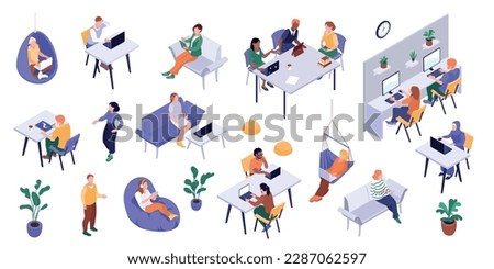 Isometric freelancer color set of isolated icons with soft chairs hammocks house plants and remote workers vector illustration