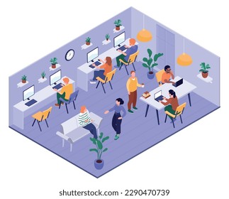 Isometric freelancer composition with isolated view of coworking space with people at desks and house plants vector illustration