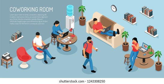 Isometric freelancer horizontal composition with editable text and domestic room interior with young people at work vector illustration